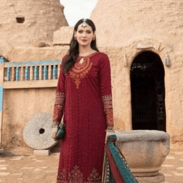 Maria B / 3Piece Lawn Suit/ Broshia Dupatta / Dyed Trouser
